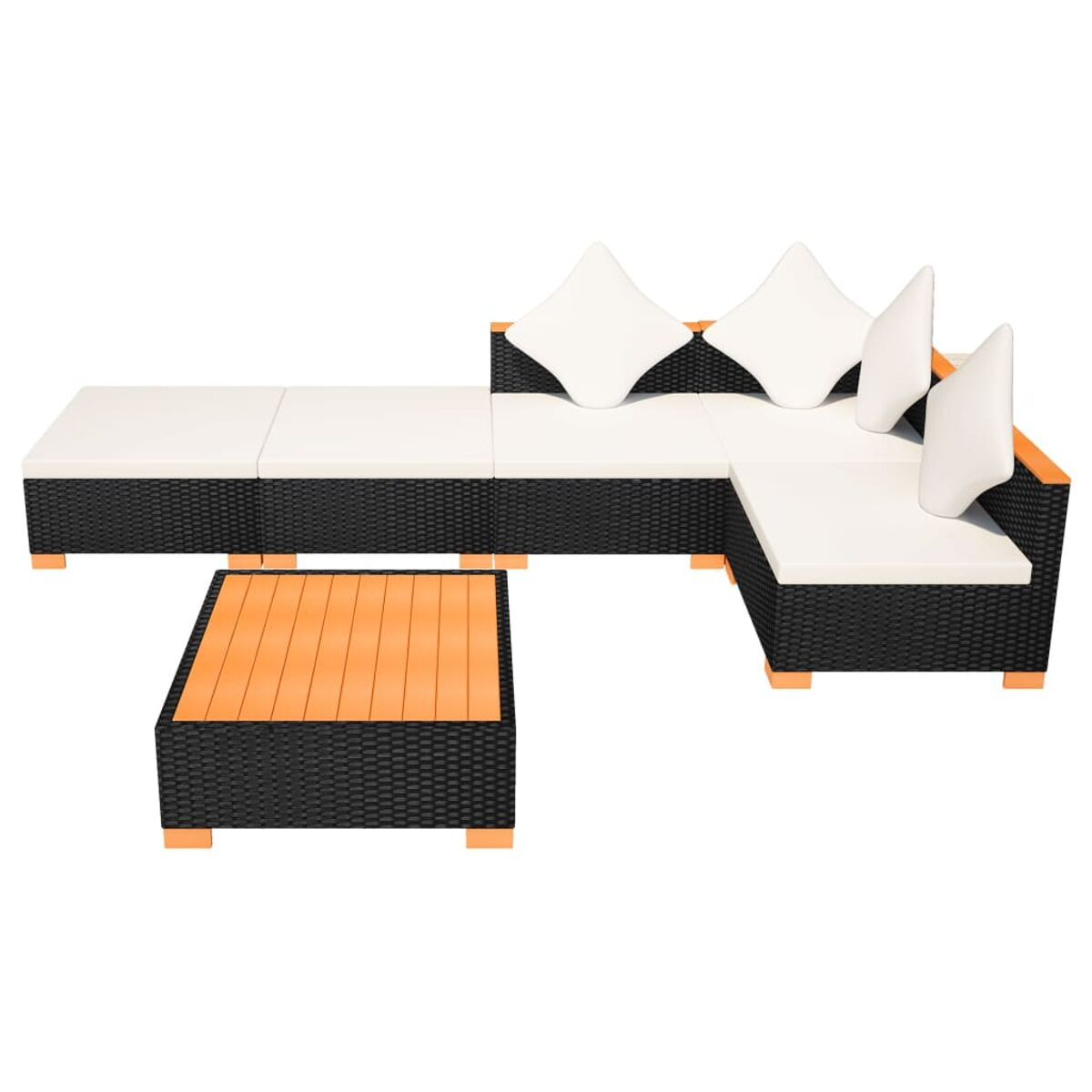 Ein Outdoor-Sofaset mit Tisch, schwarzem Korbgeflecht und weißen Kissen. Der Hintergrund ist weiß.