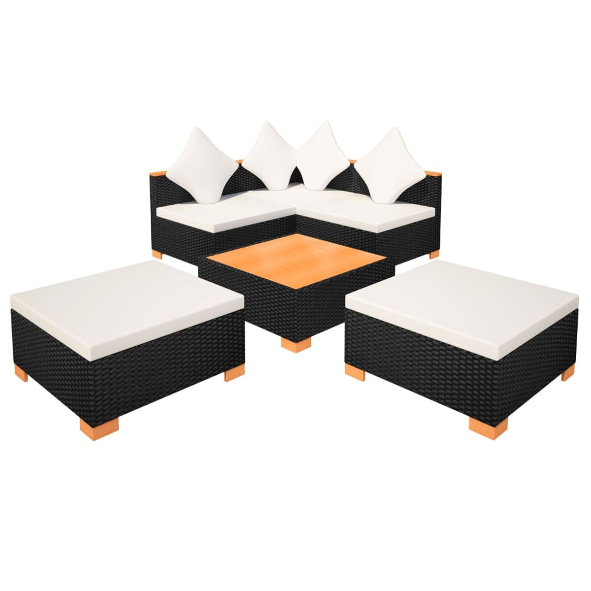 Outdoor-Geflechtmöbel-Set in Schwarz. Beinhaltet ein Ecksofa, einen Couchtisch und zwei Ottomanen.