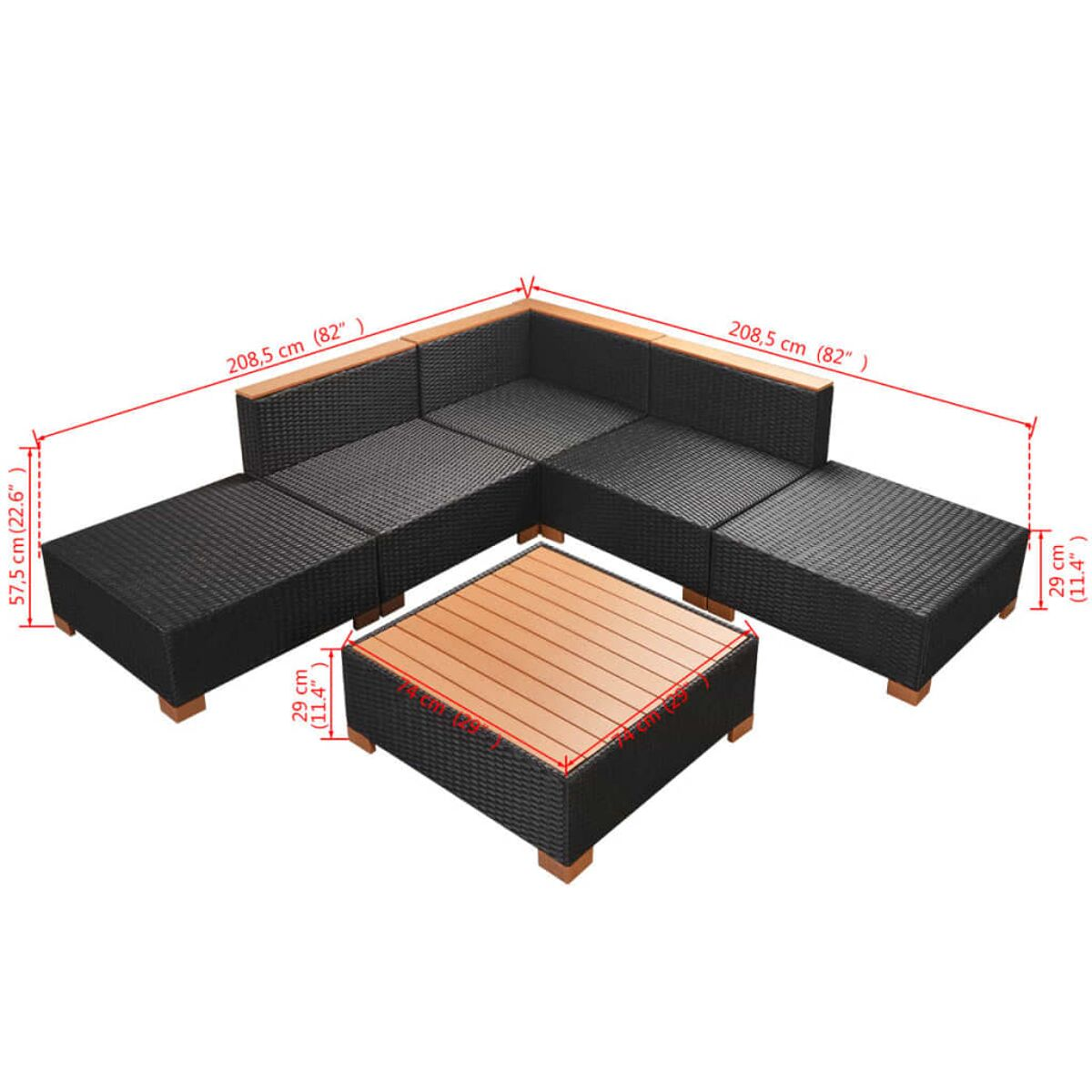 Geflochtenes Outdoor-Ecksofa mit Couchtisch, Abmessungen sind angegeben.