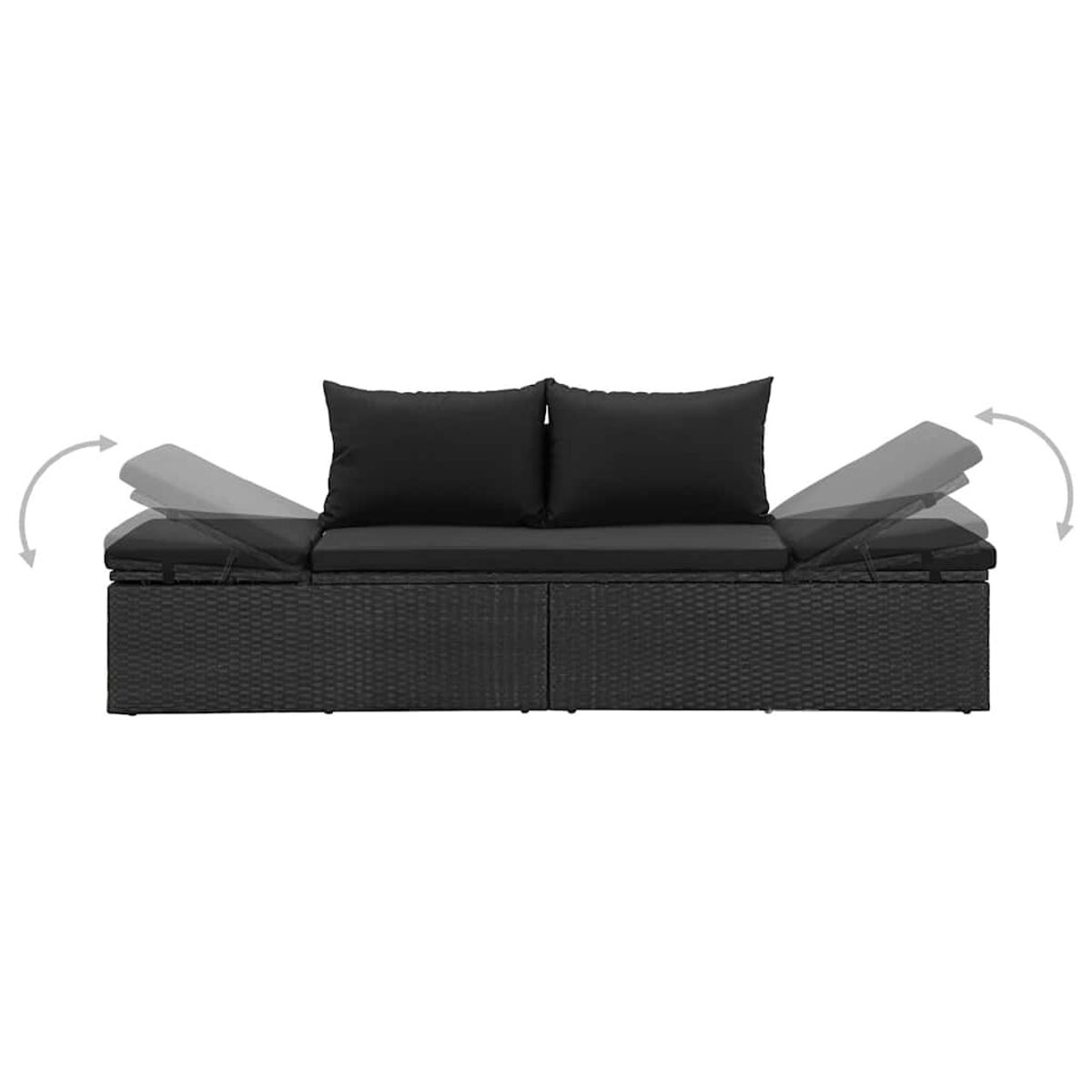 Schwarzes Korbmöbelsofa mit zwei schwarzen Kissen. Die Rückenlehnen sind verstellbar. Weißer Hintergrund.