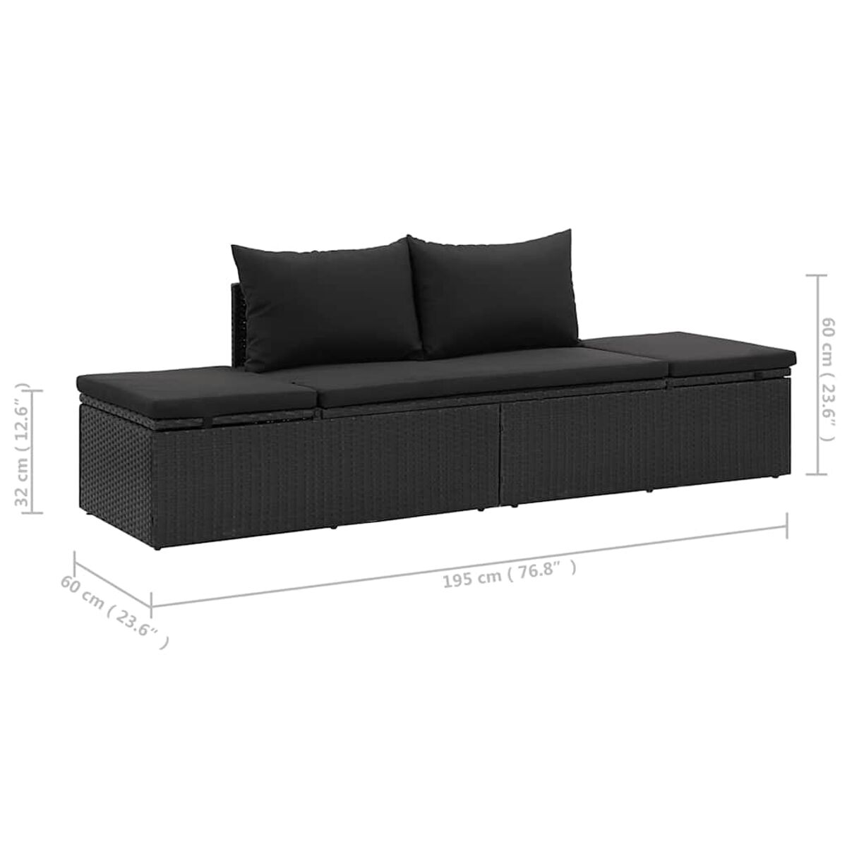 Schwarzes Outdoor-Sofa mit Maßen. Schwarze Kissen oben. Weißer Hintergrund. Maße sind in cm.