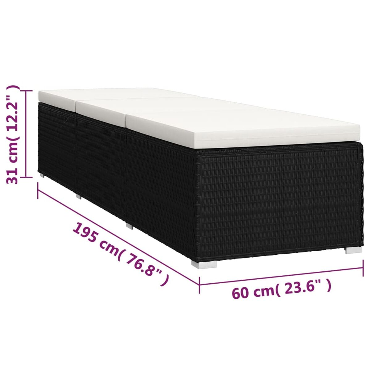 Schwarzes und weißes Outdoor-Ecksofa mit Maßen.