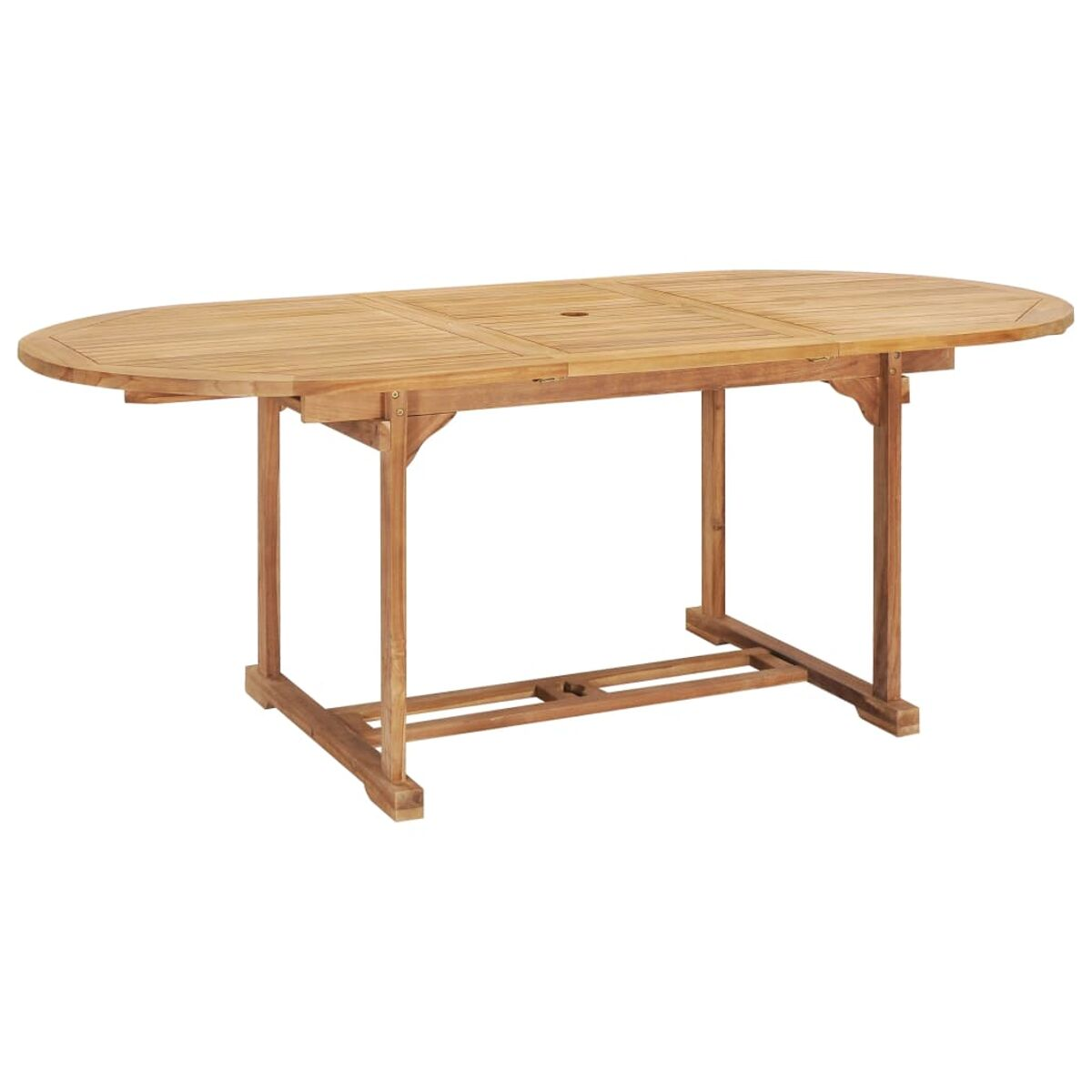 Ovaler Holztisch mit Lattenoberfläche. Beine tragen den Tisch. Isoliert auf weißem Hintergrund.