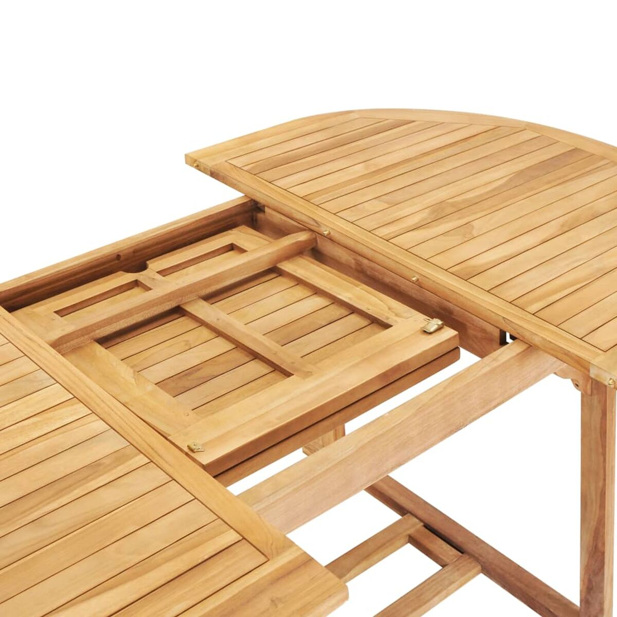 Holztisch mit Auszug. Der Auszug ist geöffnet.