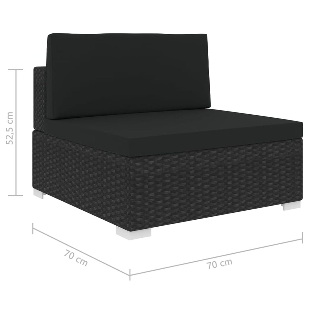 Geflochtener Outdoor-Stuhl mit schwarzem Kissen, Abmessungen werden gezeigt.
