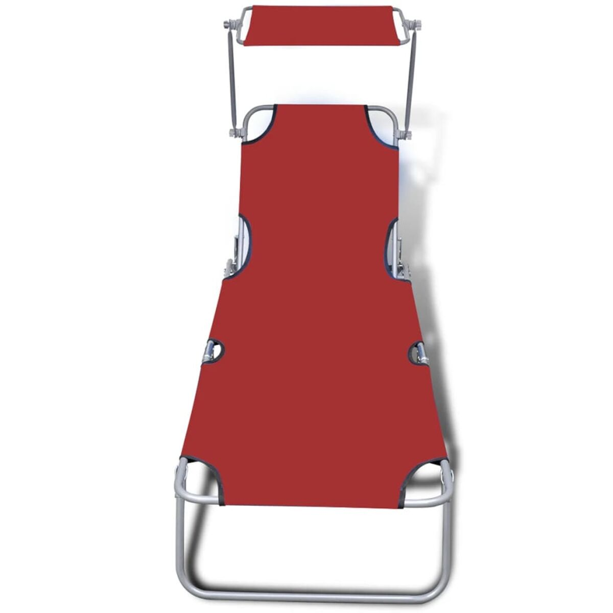 Roter klappbarer Strandstuhl mit Sonnenschutz. Von oben auf weißem Hintergrund gesehen.