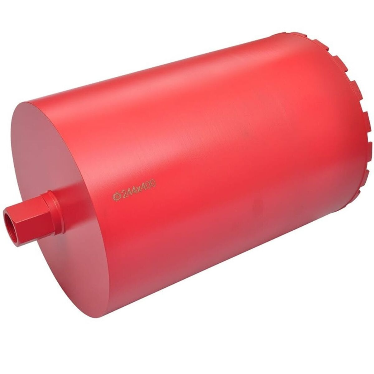 Roter Kernbohrer. Zylindrische Form, mit Gewindeende und Schneidezähnen. Weißer Hintergrund.