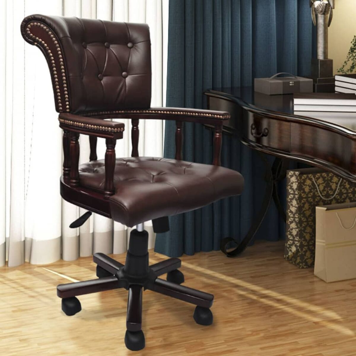 Ein brauner Lederbürostuhl steht auf einer schwarzen Basis mit Fünf-Sterne-Design.