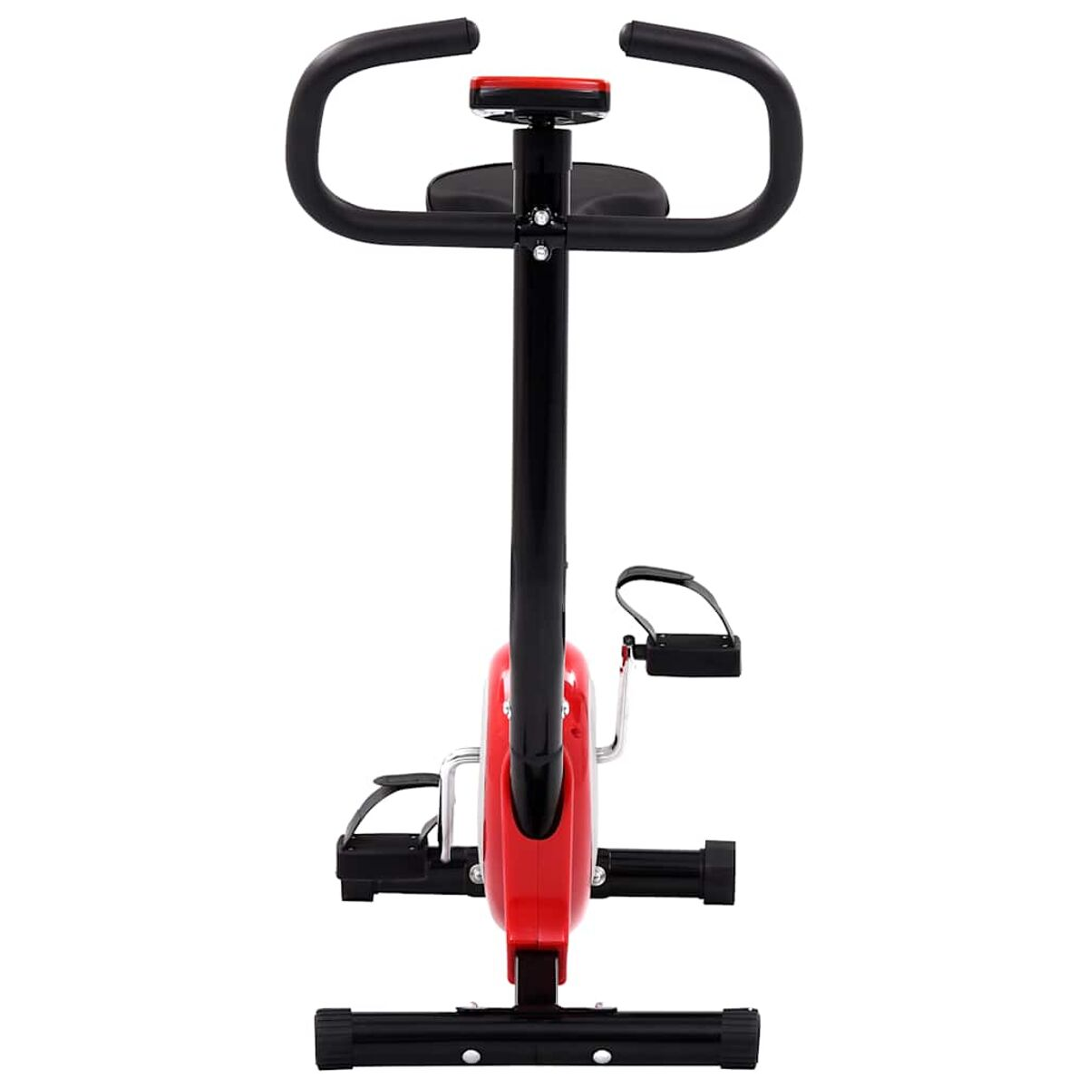 Rotes Heimtrainer mit schwarzen Griffen und Pedalen. Weißer Hintergrund.