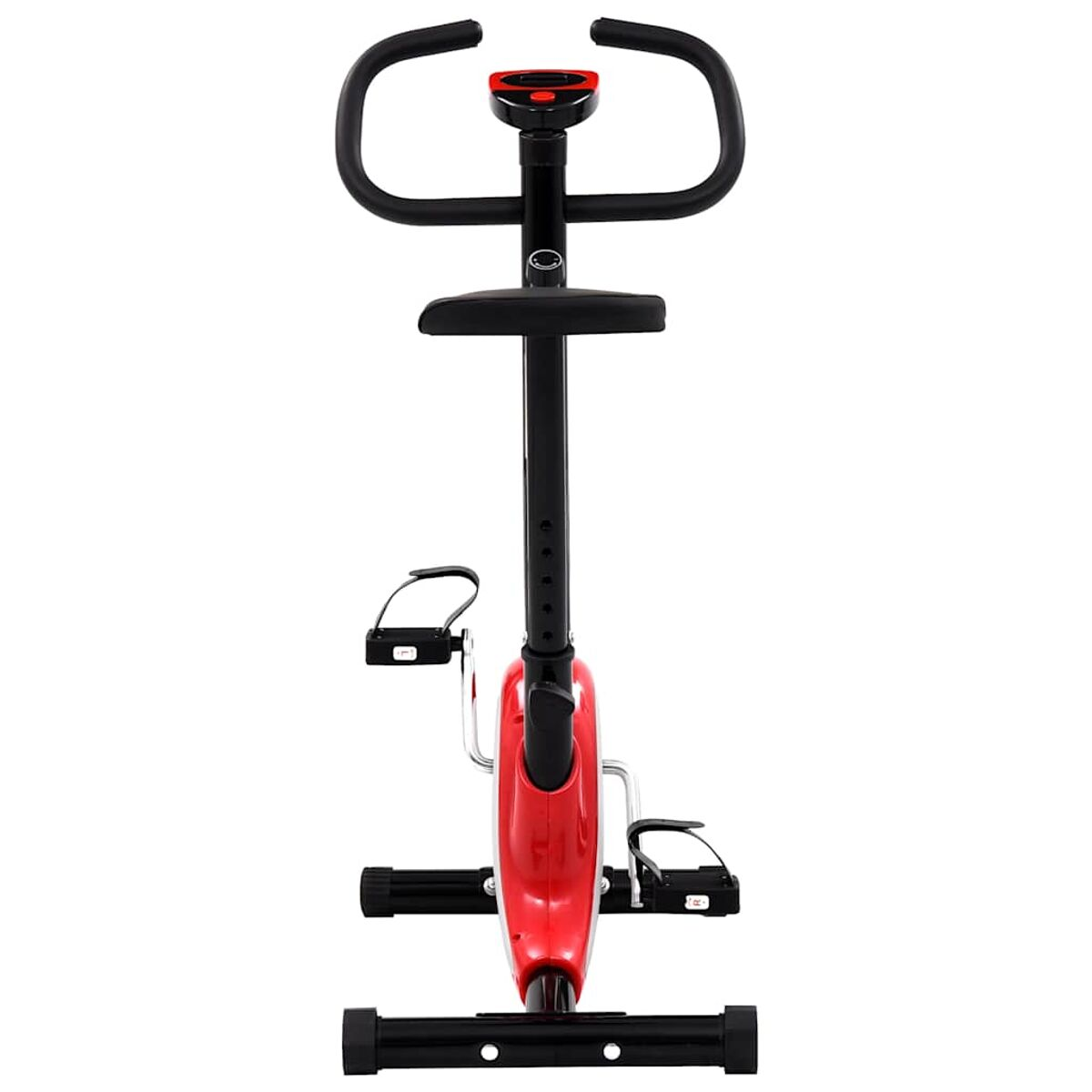 Rotes stationäres Trainingsfahrrad. Es hat schwarze Griffe, einen Sitz und Pedale.