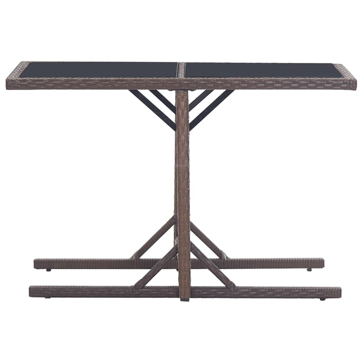 Brauner rechteckiger Tisch aus Korbgeflecht mit schwarzer Glasplatte und schwarzen Metallbeinen.
