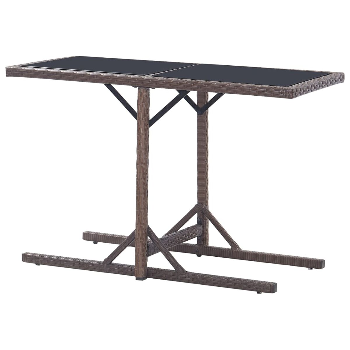 Outdoor-Bartisch aus Korbgeflecht mit schwarzer Platte und braunem Gestell.