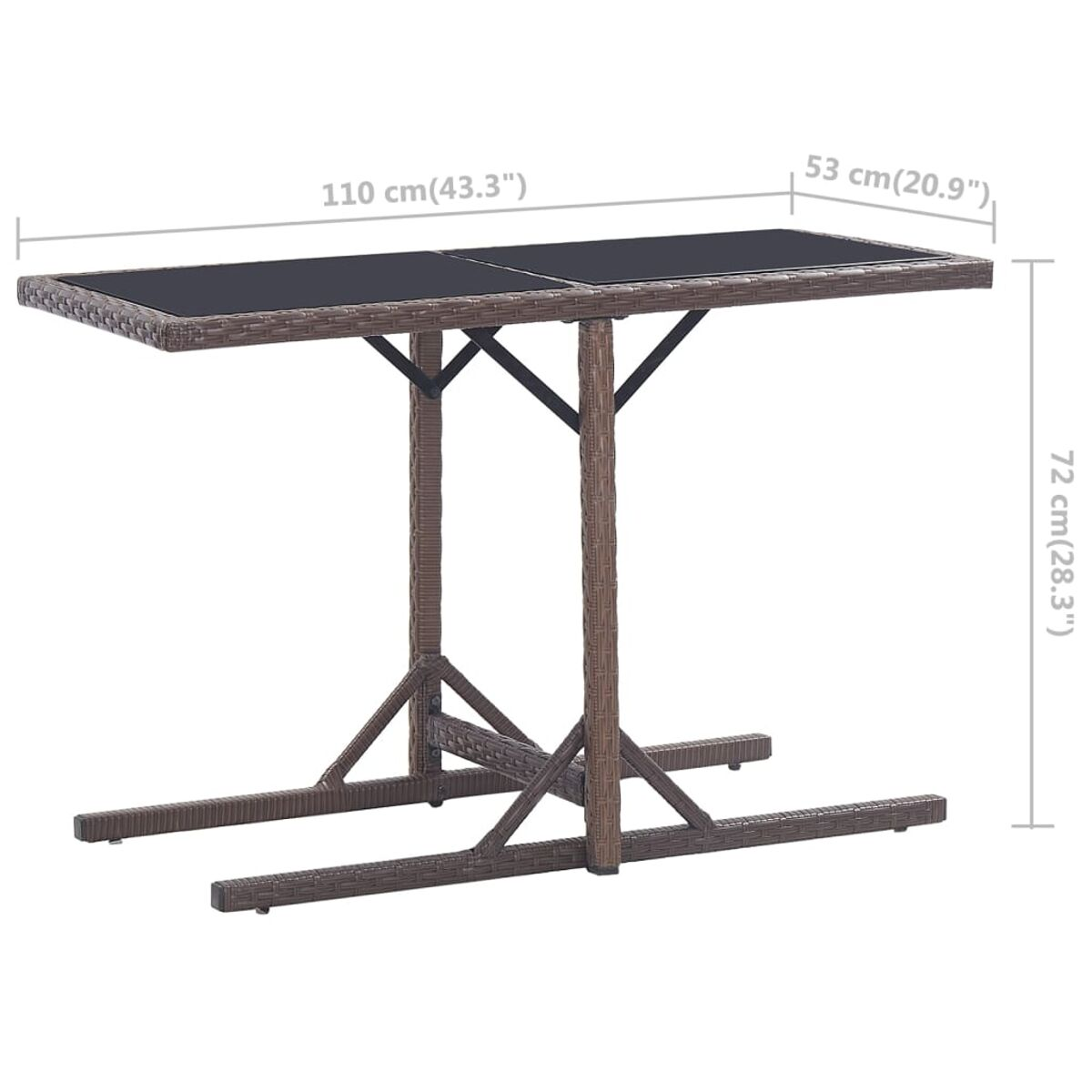 Rattan-Bartisch mit schwarzer Platte. Er hat ein braunes Gestell und ist 110 cm lang.