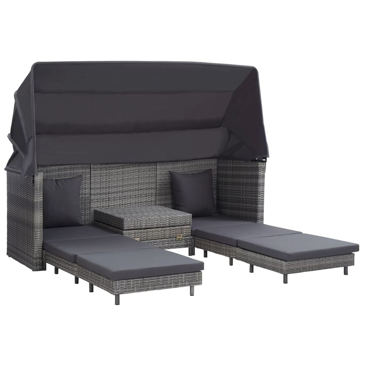 Graues Rattan-Outdoor-Daybed mit Baldachin und Beistelltisch.