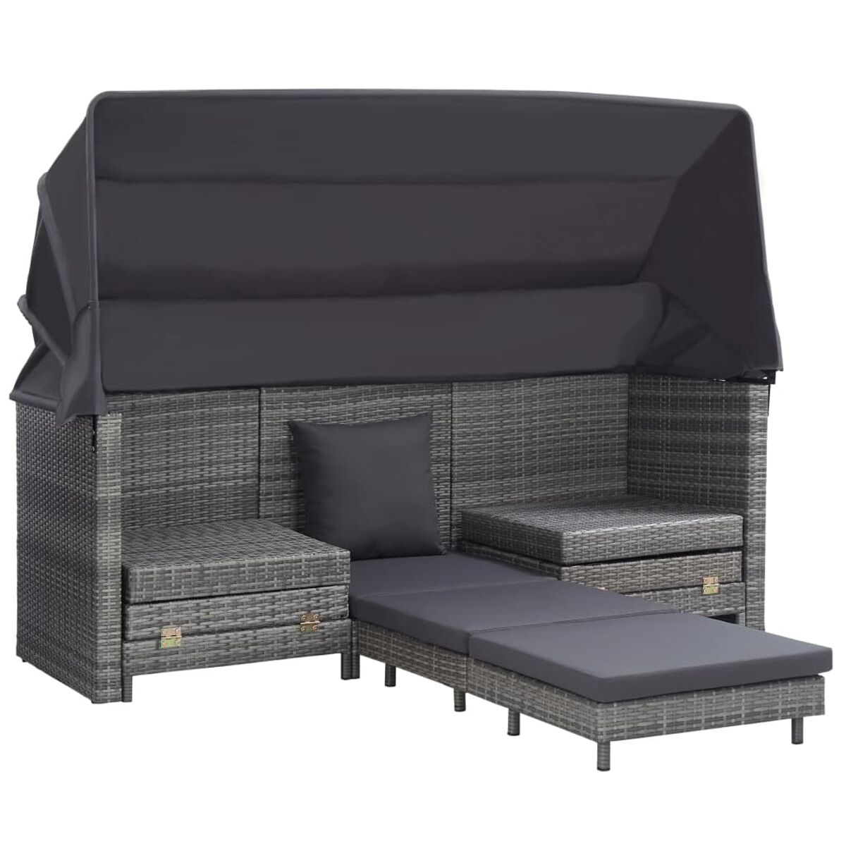 Graues Outdoor-Sofa aus Weide mit Baldachin, Kissen und einer Chaiselongue.