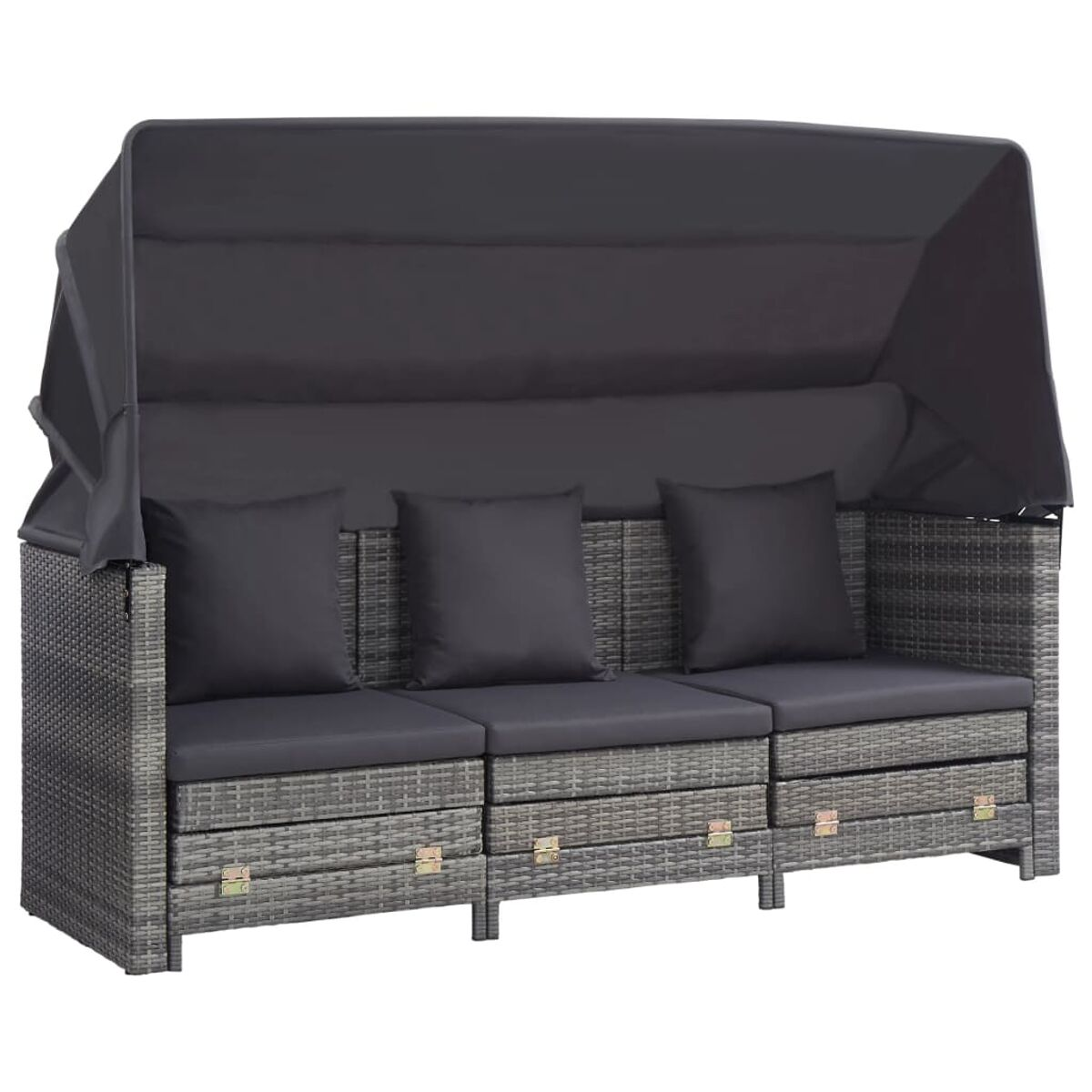 Graues Outdoor-Sofa aus Korbgeflecht mit Baldachin, drei Kissen und Schubladen.