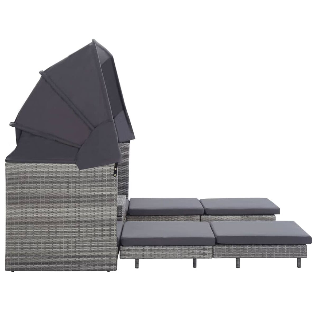 Grau-schwarzes Outdoor-Möbelset mit Baldachin. Die Möbel bestehen aus gewebtem Material.