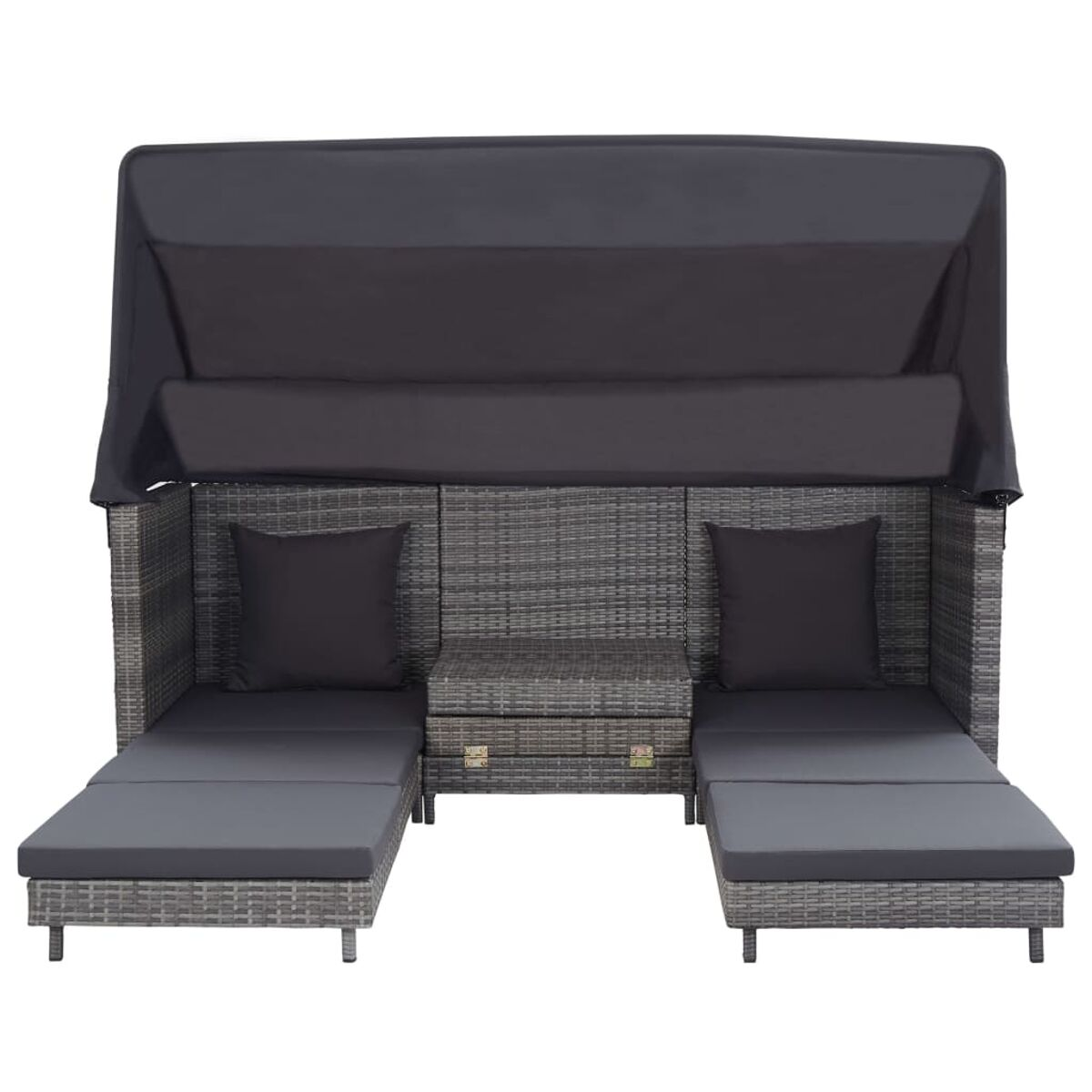 Outdoor-Tagesbett mit Baldachin und Kissen. Zwei Liegen mit grauen Kissen. Weißer Hintergrund.