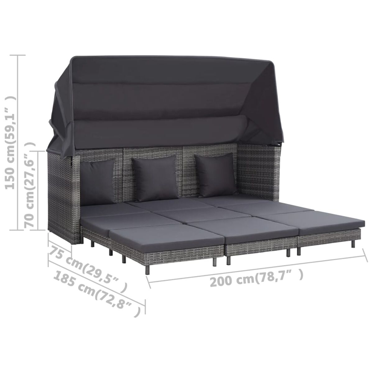 Graues Rattan-Sonnenliegebett mit Baldachin. Abmessungen in cm und Zoll sind enthalten.