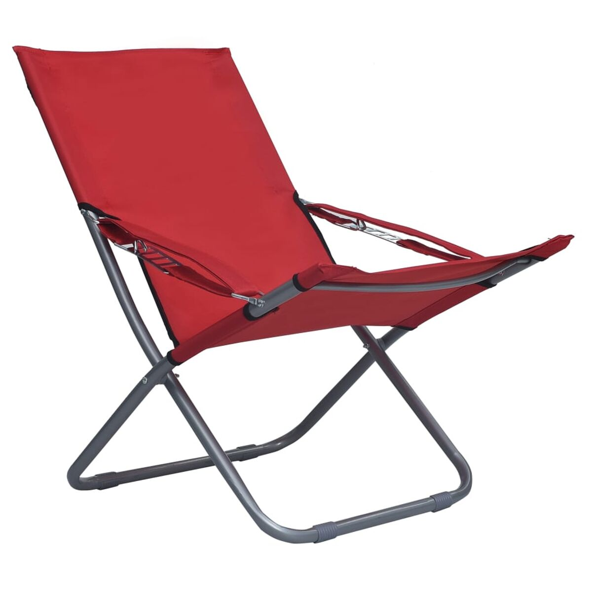 Roter Klappstuhl mit Metallgestell. Sitz und Rückenlehne sind aus rotem Stoff.