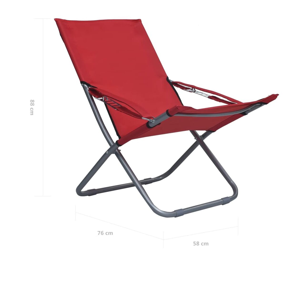 Roter, zusammenklappbarer Outdoor-Stuhl mit Metallrahmen. Abmessungen angegeben. Der Stuhl ist geöffnet.