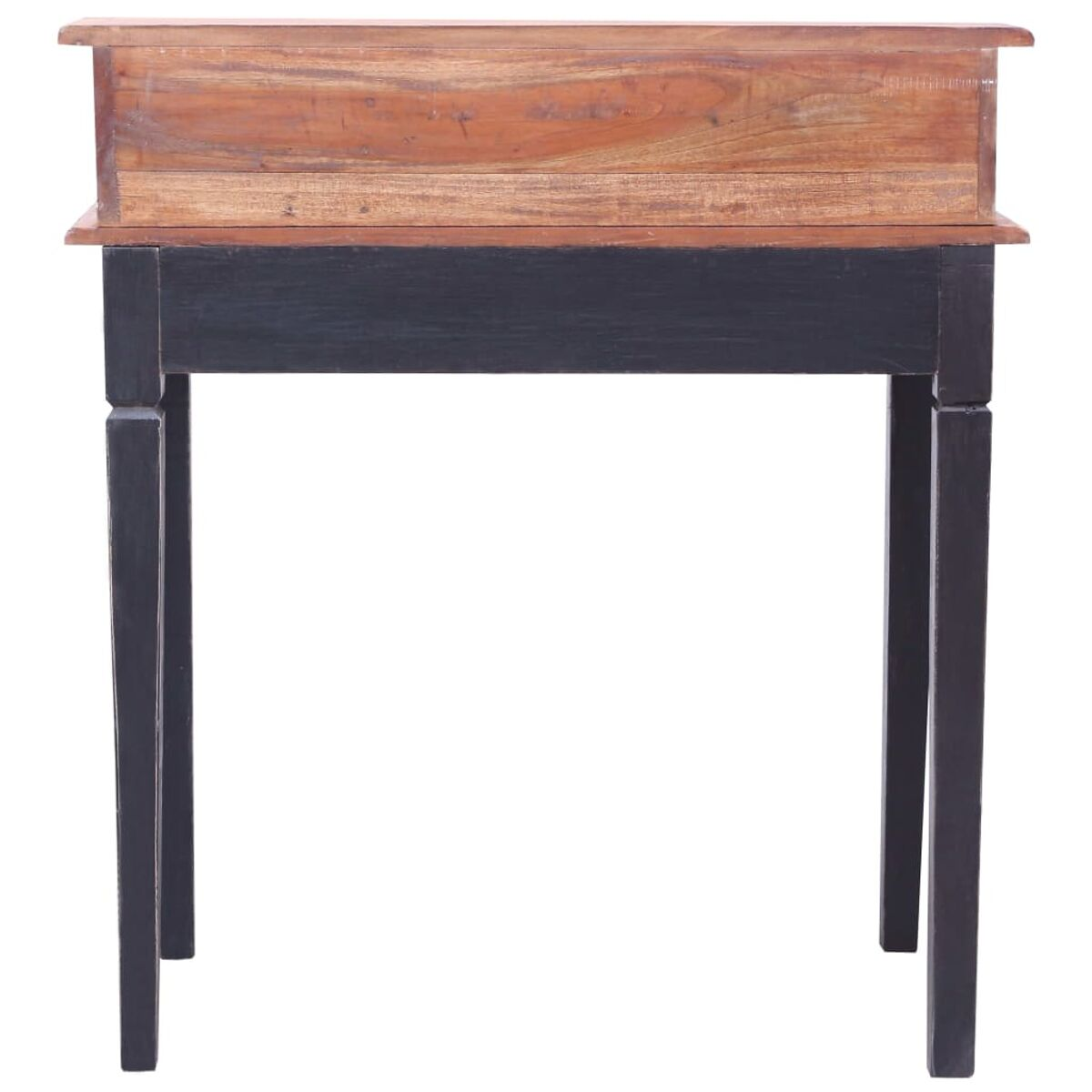 Holzschreibtisch mit schwarzen Beinen. Die Oberseite hat ein braunes und helles Holzmaserungsdesign. Der Hintergrund ist weiß.