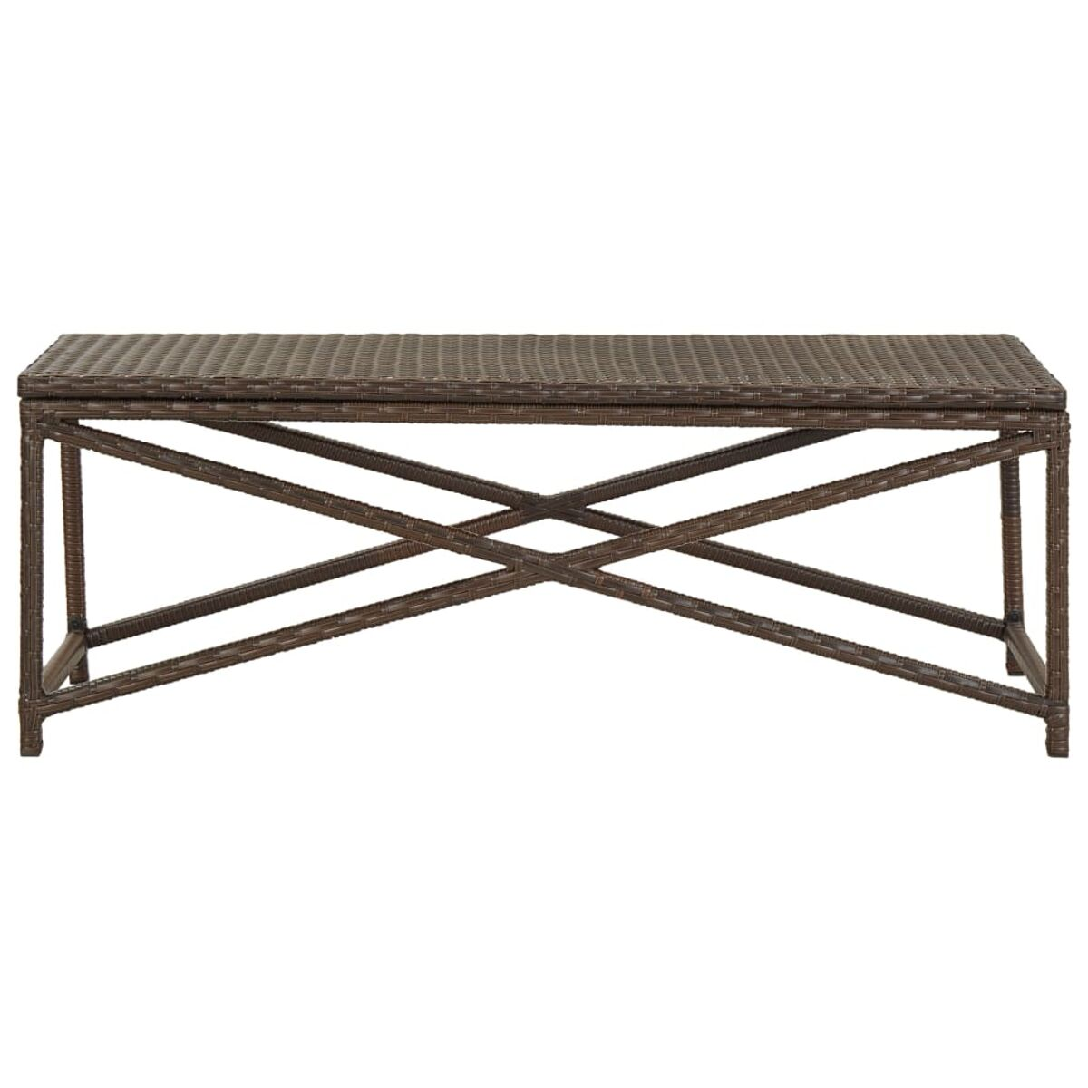 Brauner gewebter rechteckiger Couchtisch aus Rattan. X-förmige Stützen für die Beine. Heller Hintergrund.