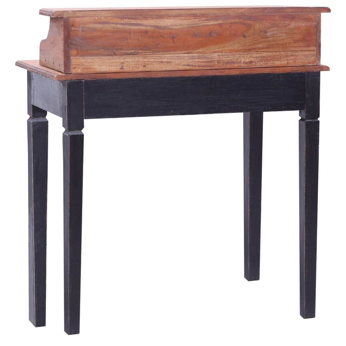 Holzschreibtisch mit schwarzen Beinen. Die Oberseite ist braun, die Beine schwarz.