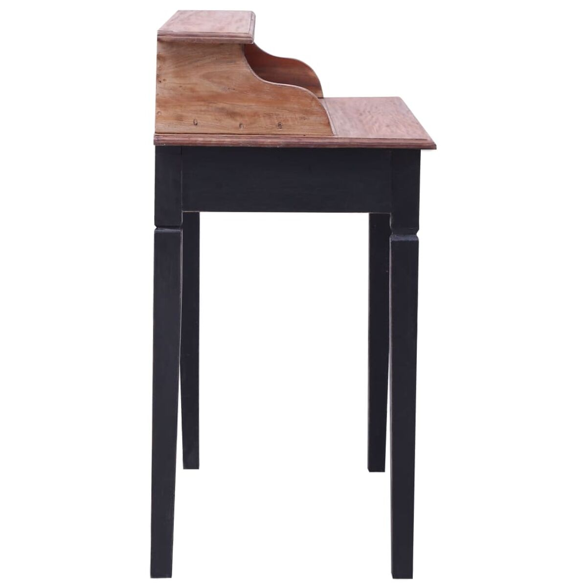 Holzschreibtisch mit schwarzem Unterteil und hellbrauner Oberseite. Er ist auf weißem Hintergrund isoliert.