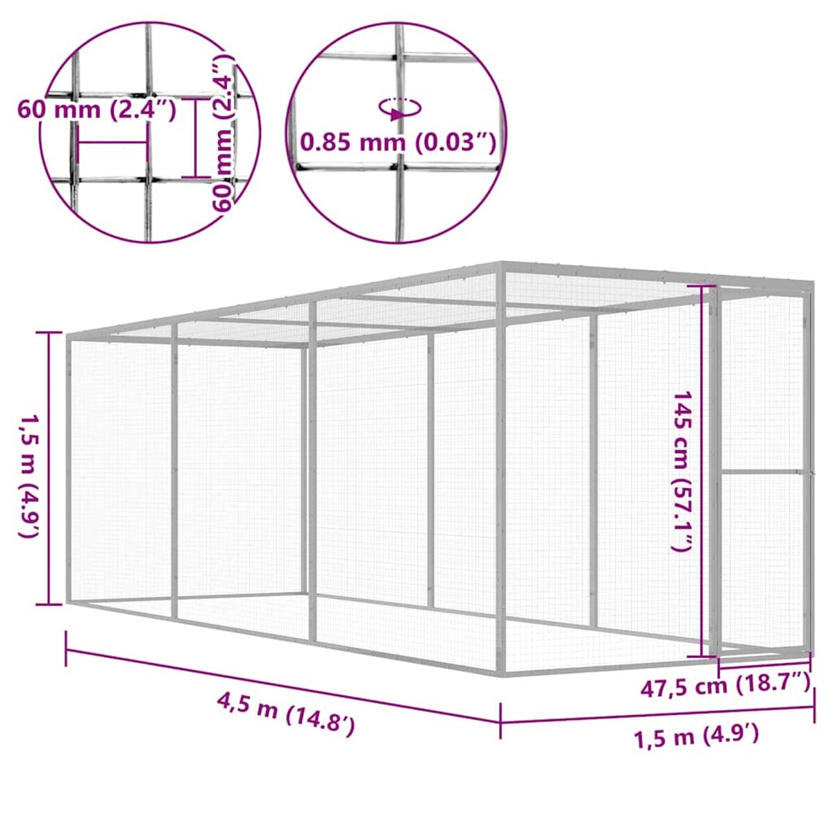 Ein großes Metall-Haustiergehege mit Abmessungen in Metern und Millimetern.