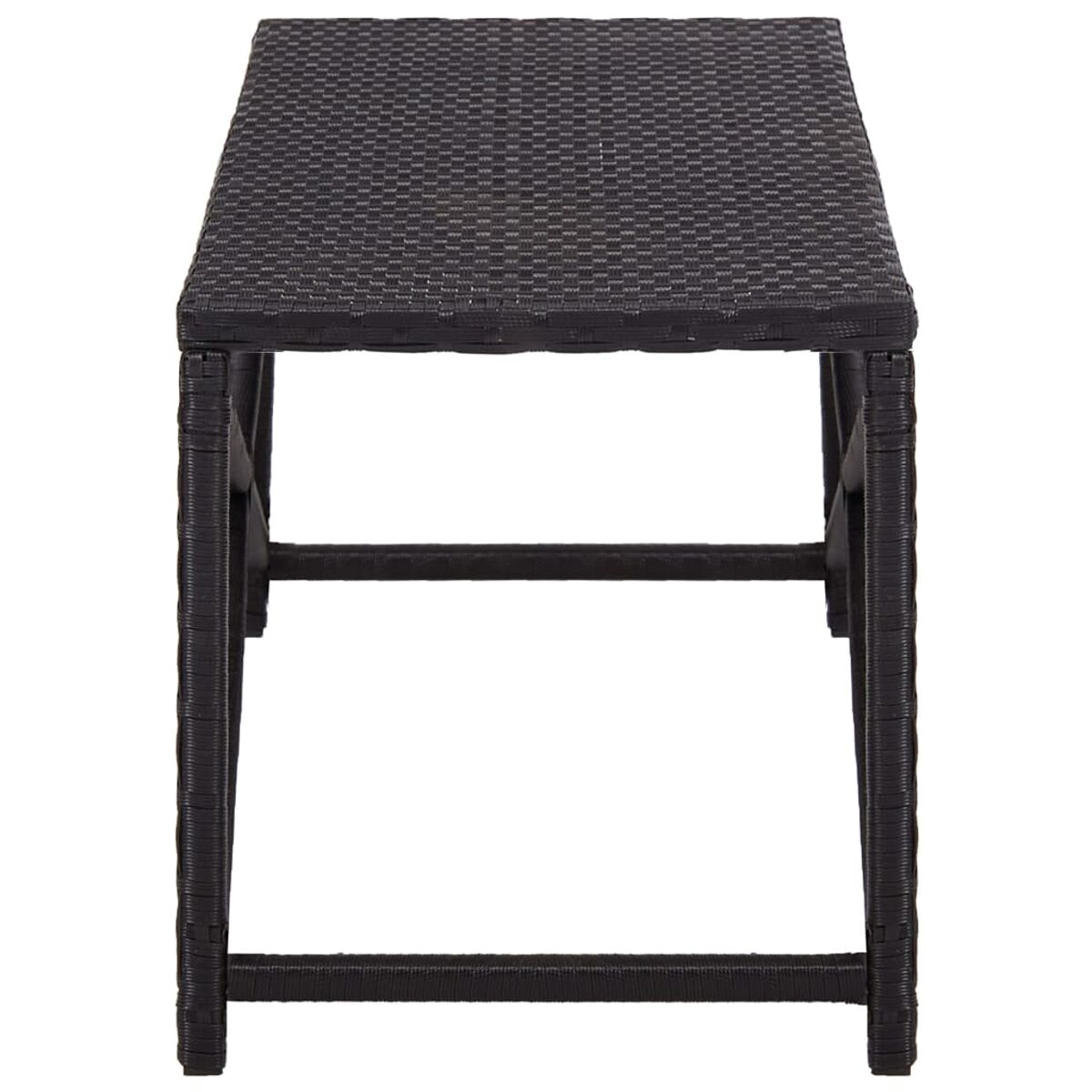 Schwarzer Rattan-Beistelltisch mit geflochtener Oberfläche und vier Beinen. Weißer Hintergrund.