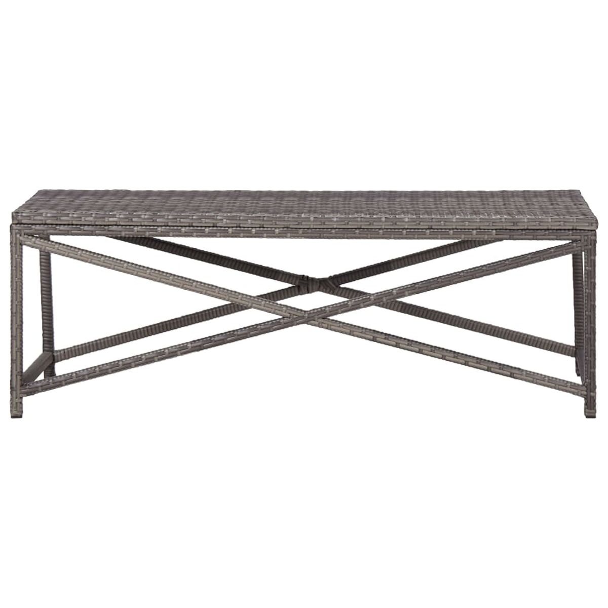 Ein grauer, gewebter Outdoor-Couchtisch. Der Tisch hat ein X-förmiges Gestell.