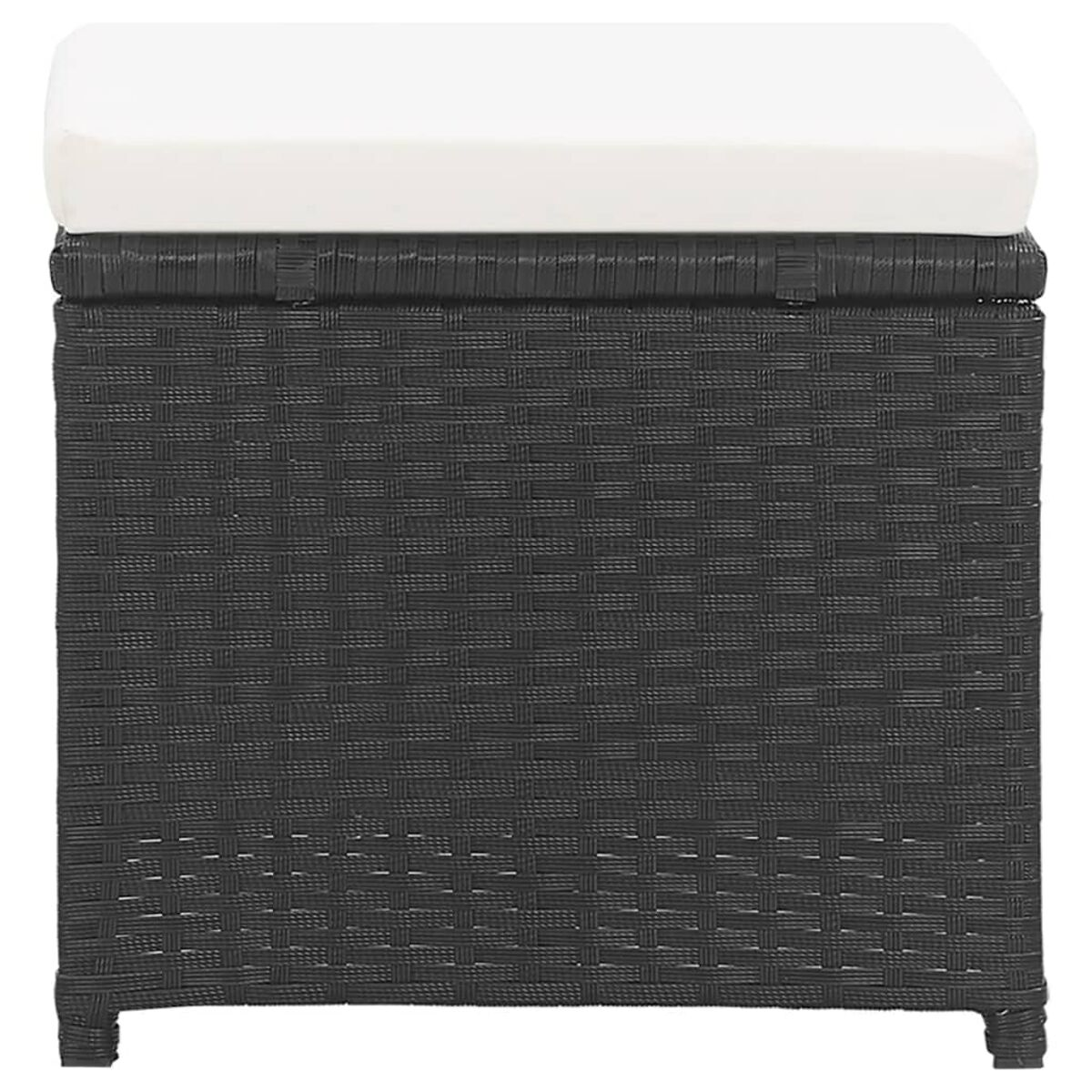Hocker aus Korbgeflecht mit weißem Kissen. Dunkelgraue Farbe, rechteckige Form, minimalistisch.