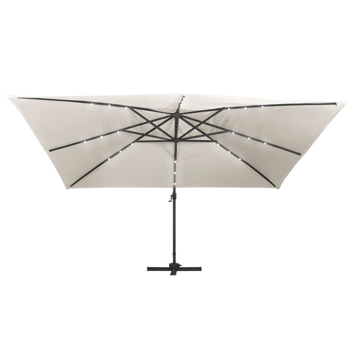 Ombrellone quadrato crema con struttura nera e luci integrate, su sfondo bianco.
