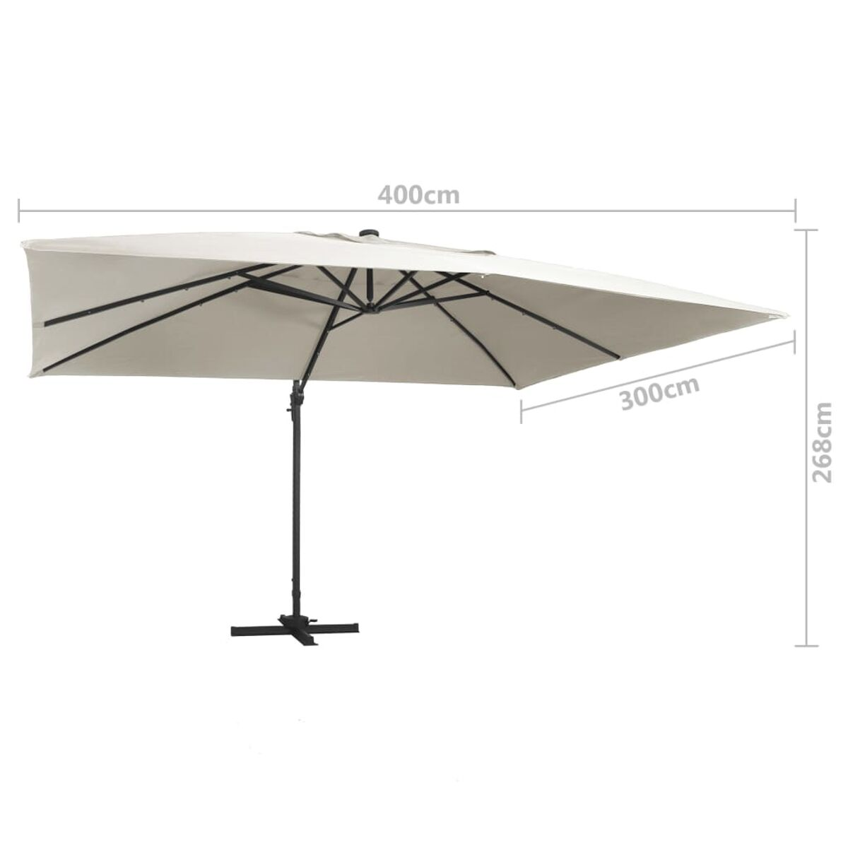 Grande ombrellone rettangolare beige con dimensioni, palo nero e base.