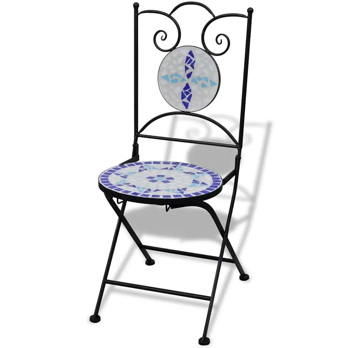 Schwarzer Metall-Klappstuhl mit Mosaikfliesen. Sitz und Rückenlehne mit floralem Mosaik.