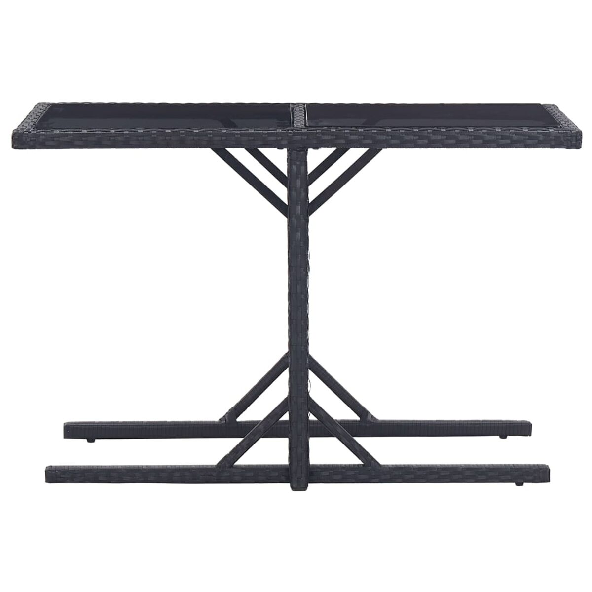 Schwarzer Bartisch aus gewebtem Rattan mit kreuzförmigem Gestell. Der Tisch hat eine dunkle Glasplatte.
