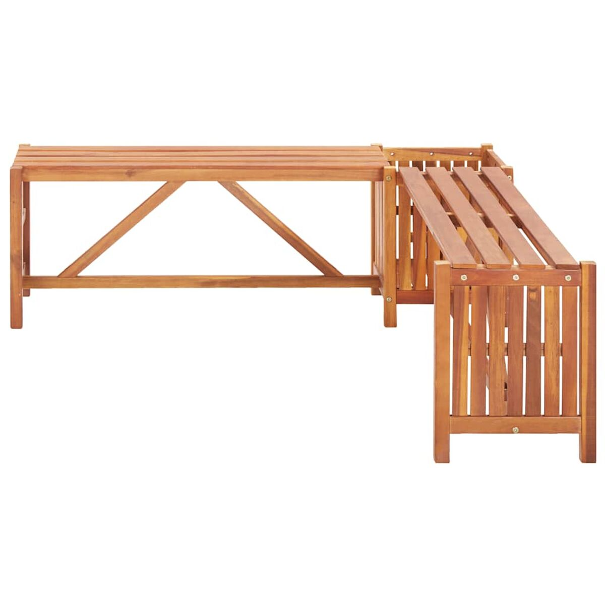 Gartenmöbel-Set aus Holz. Eine Bank und zwei Beistelltische, alle verbunden. Hellbraunes Holz.