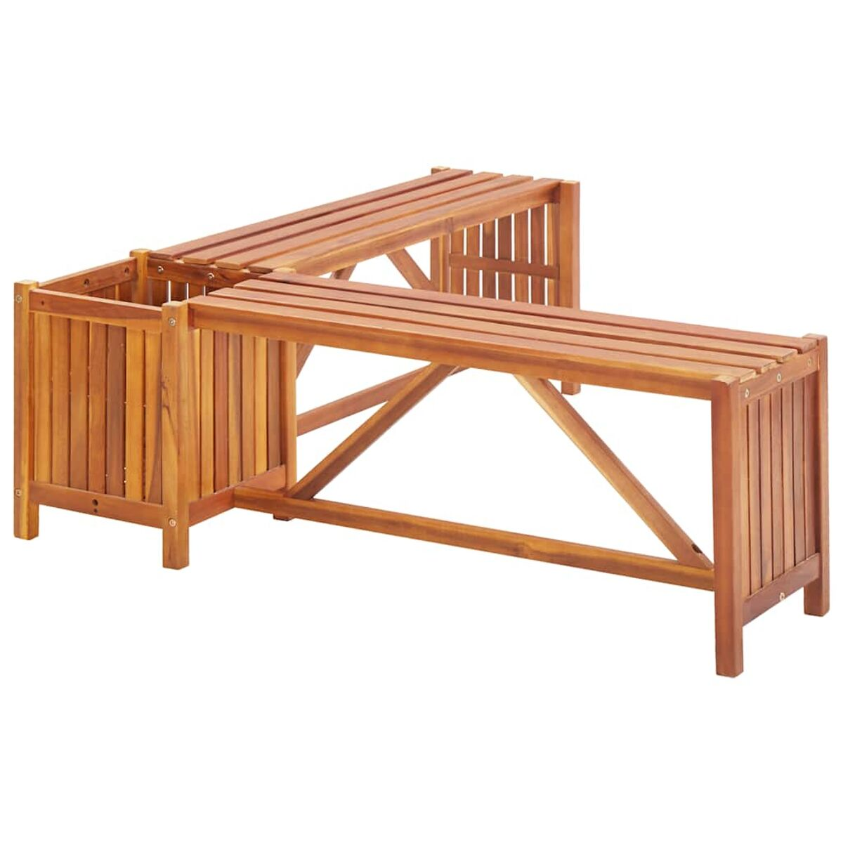 Holz-Pflanzgefäß- und Bank-Set. Der Pflanzer ist abgewinkelt, die Bank steht vorne.