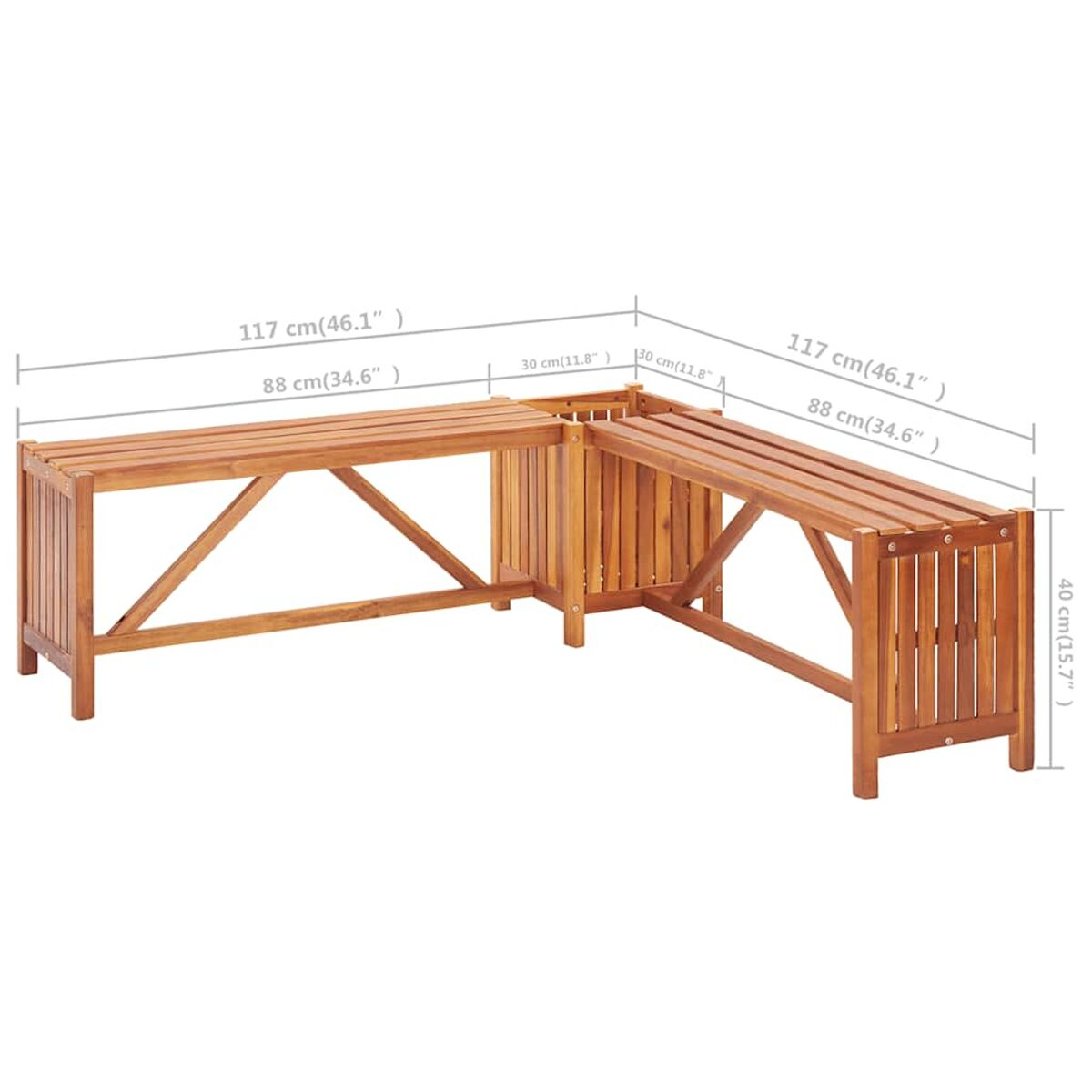 Holz-Outdoormöbel-Set. Das Set beinhaltet zwei Bänke und einen Pflanzkasten dazwischen.