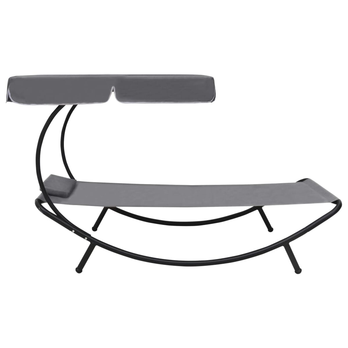 Graues Daybed mit Baldachin. Gebogener Rahmen, bietet eine entspannende Sitzgelegenheit im Freien.