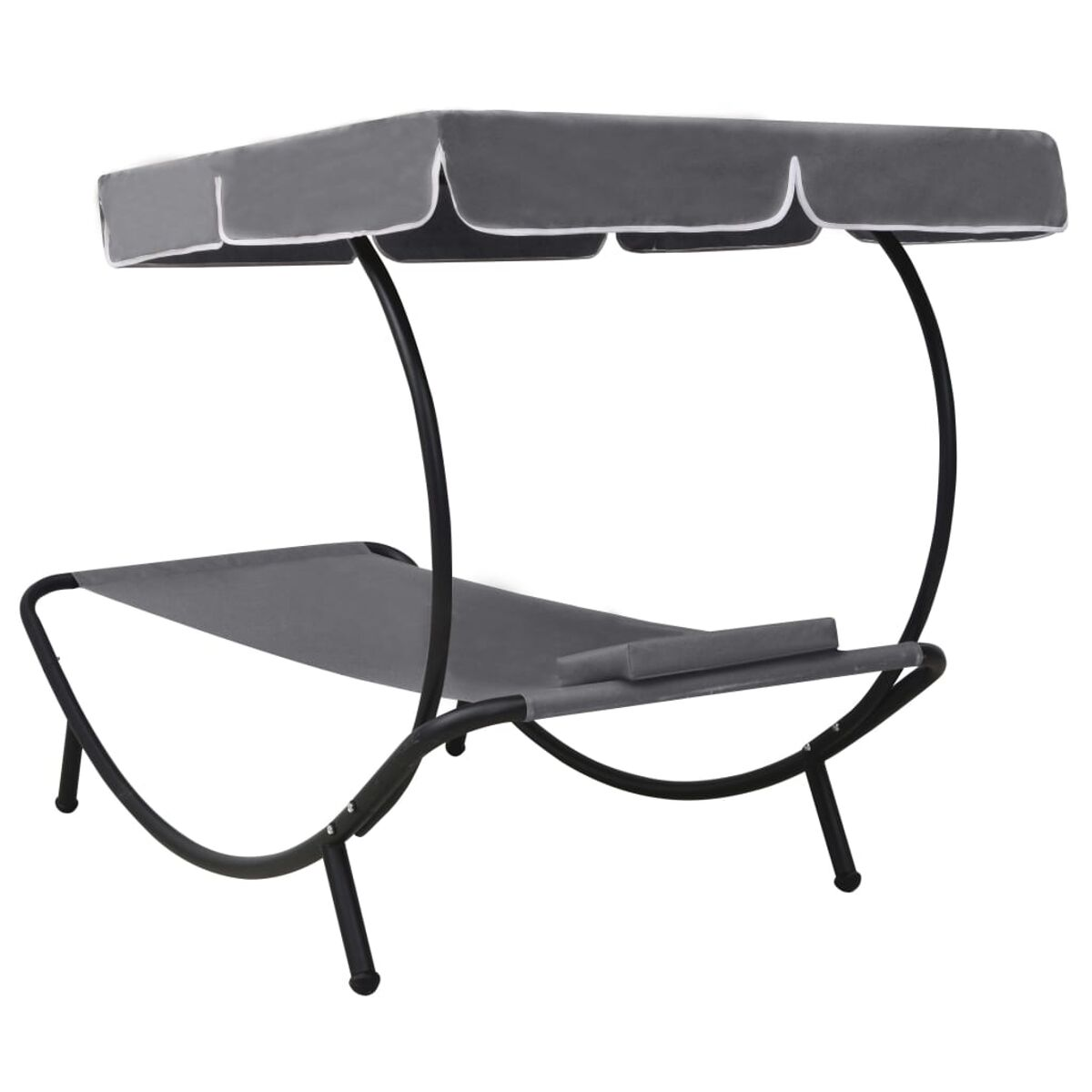 Graue Sonnenliege mit schwarzem Rahmen, Bogen-Design und Baldachin. Auf weißem Hintergrund.