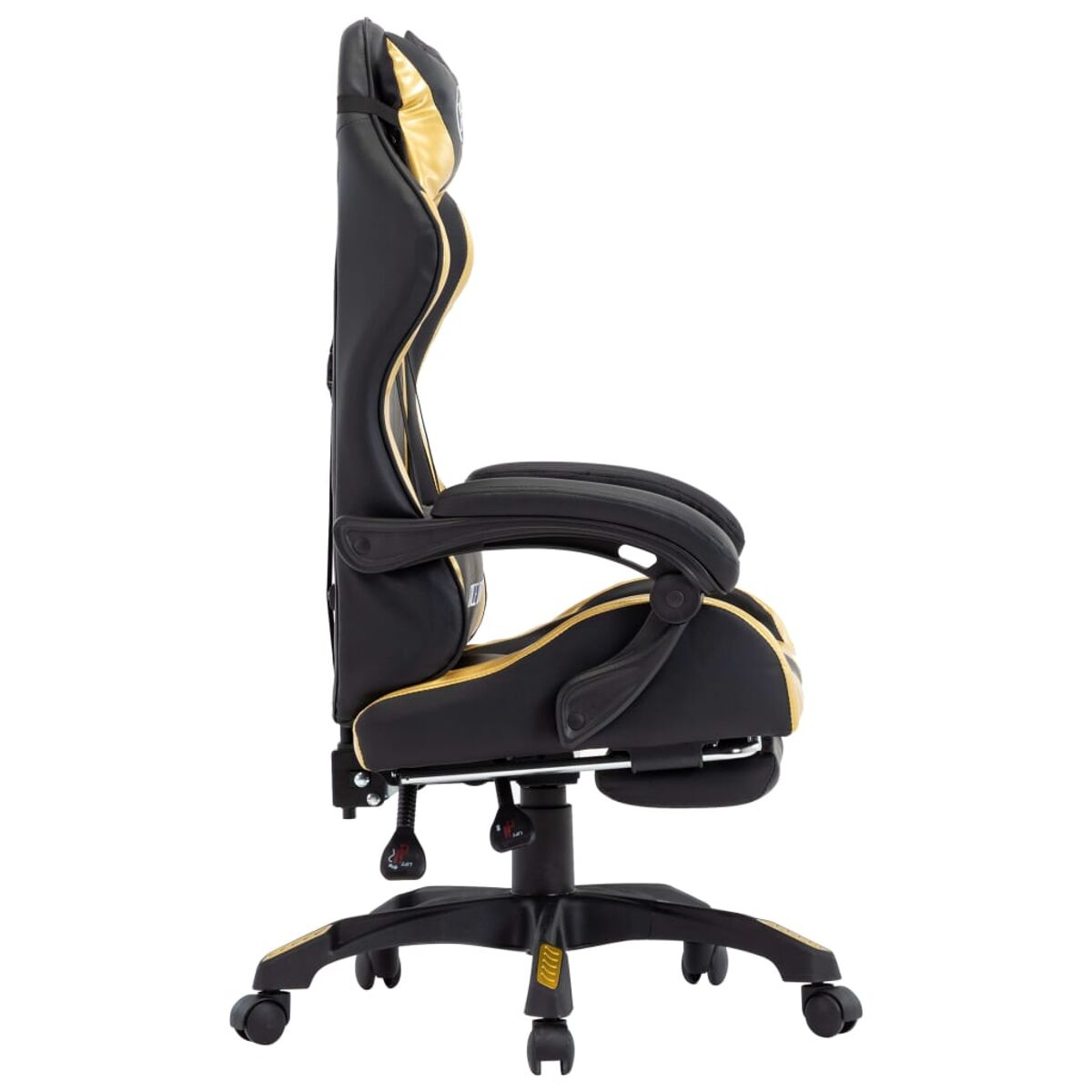Schwarzer und goldener Gaming-Stuhl im Profil.