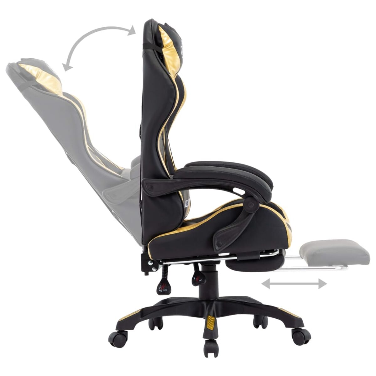 Gaming-Stuhl in Schwarz und Gold. Kippfunktion gezeigt. Schwarzes Gestell mit Rollen.