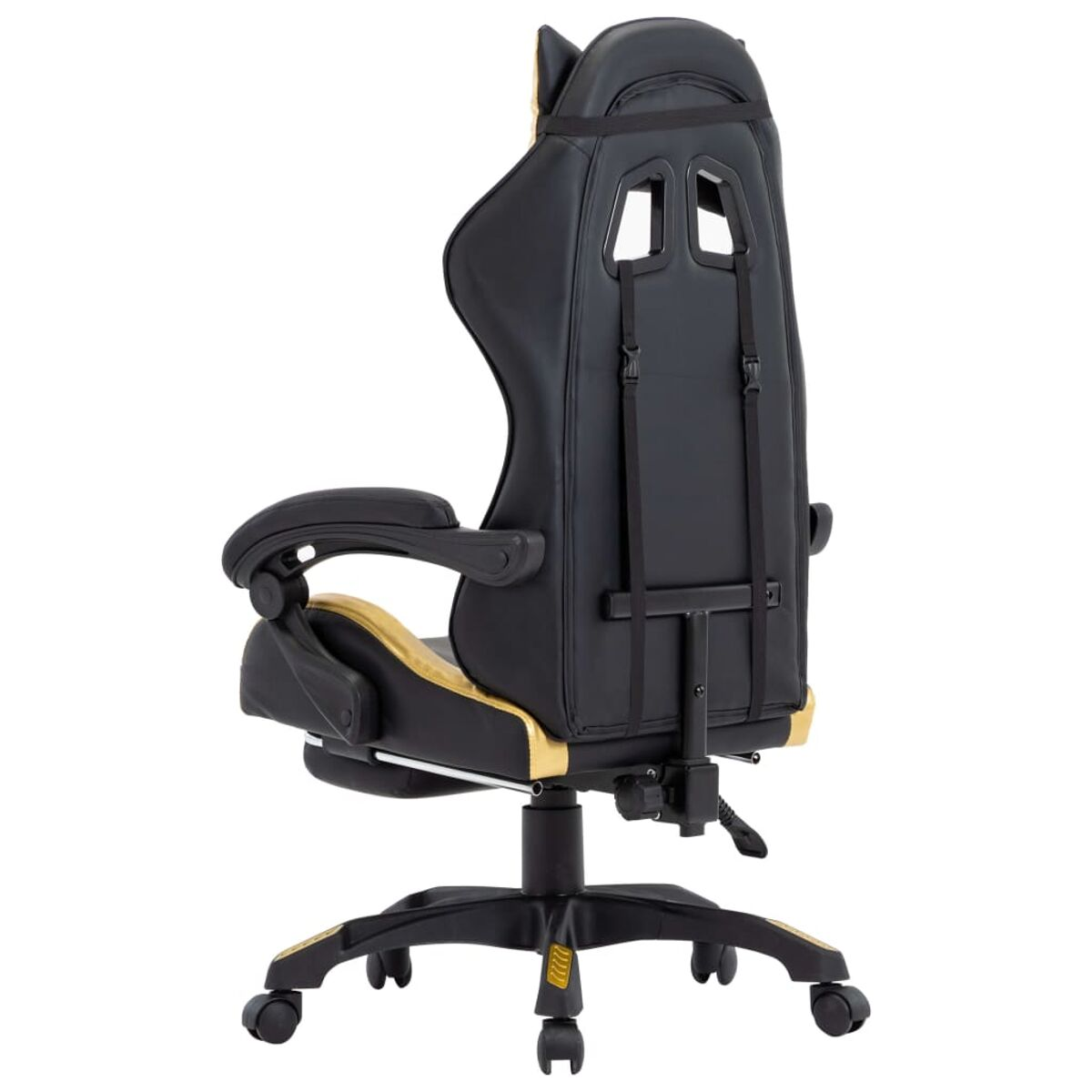 Gaming-Stuhl, schwarz mit goldenen Akzenten, von hinten gesehen, mit Rückenlehne und Rollen.