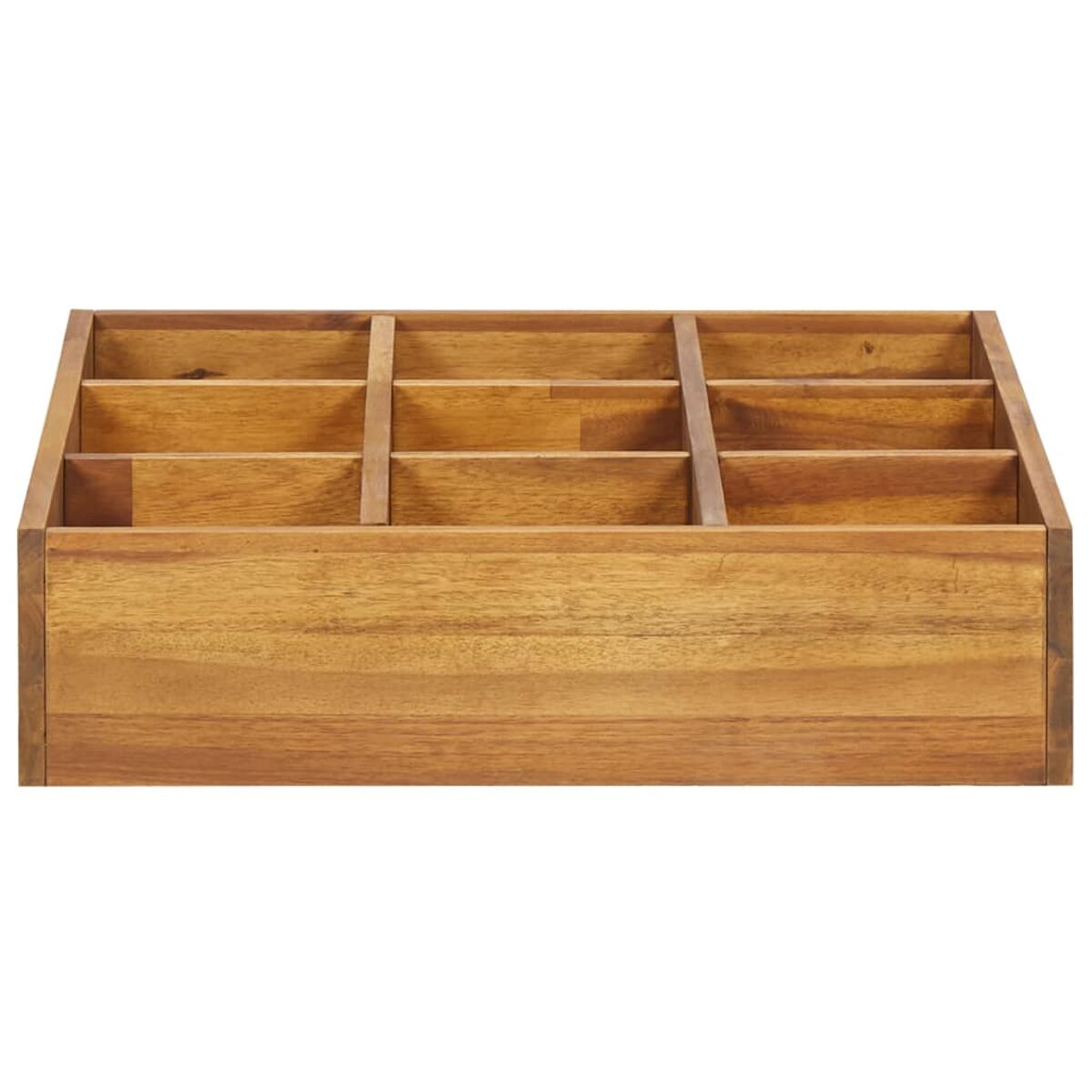 Holz-Organizer-Box mit mehreren Fächern. Weißer Hintergrund.