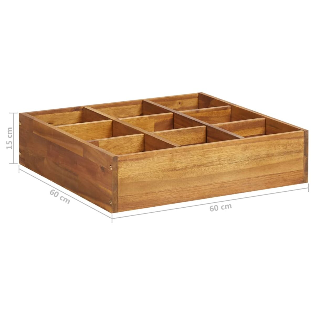 Holz-Organizer mit neun Fächern. Die Abmessungen sind 60x60 cm mit einer Höhe von 15 cm.