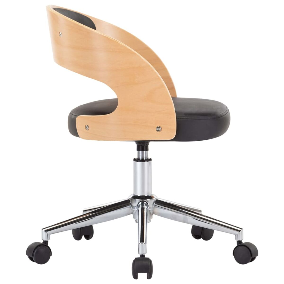 Ein moderner Bürostuhl mit hellbraunem Holzrücken, schwarzem Sitz und Chromgestell.