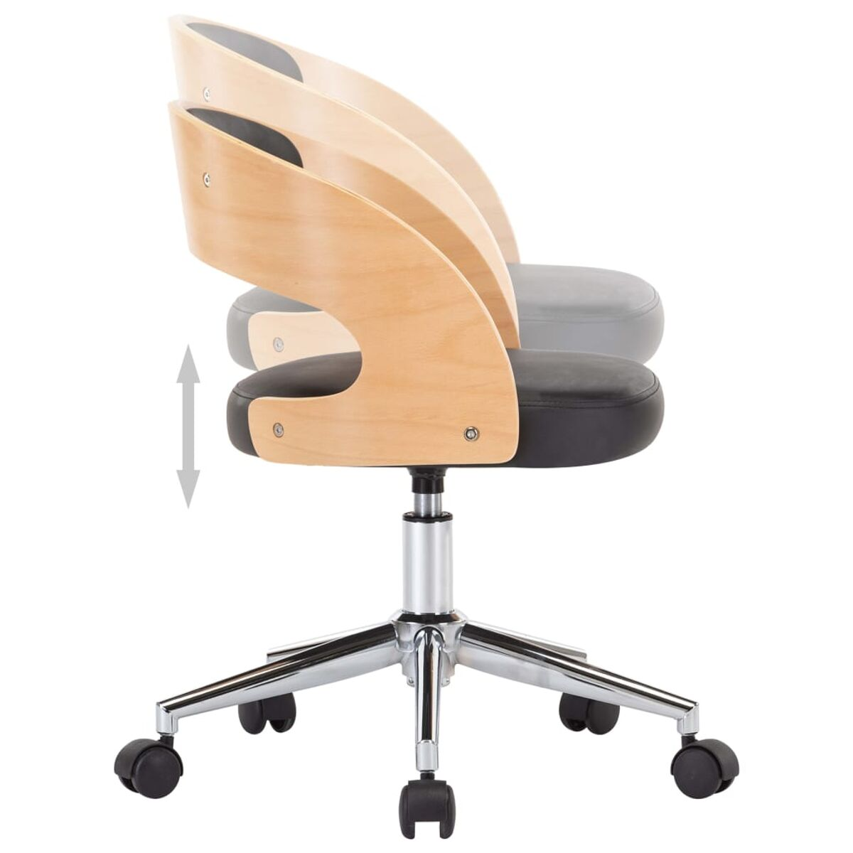 Stuhl aus hellem Holz mit schwarzem Sitz. Höhenverstellpfeil angezeigt.