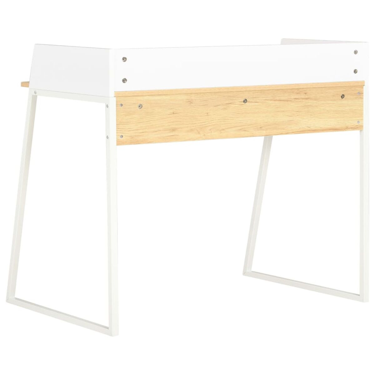 Weißer Schreibtisch mit hellem Holzabschnitt. Weißes Gestell, Schublade aus hellem Holz. Weißer Hintergrund.